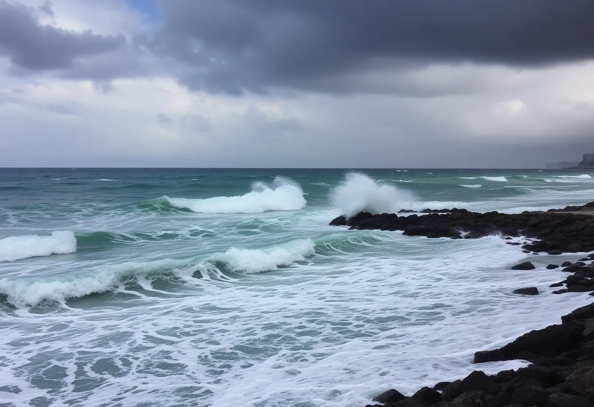 Rough ocean waves and stormy clouds due to Hurricane Erin