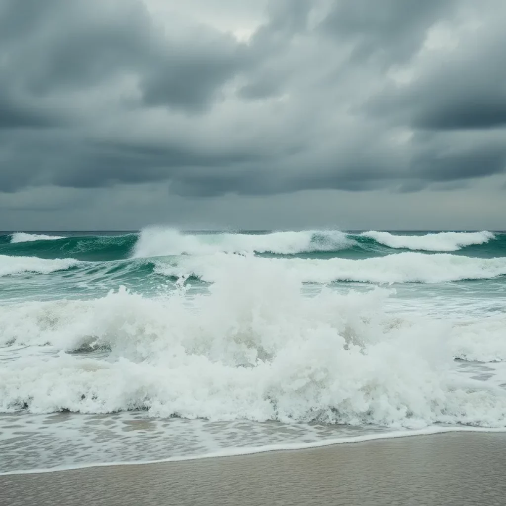 Crashing waves on a beach during Hurricane Erin