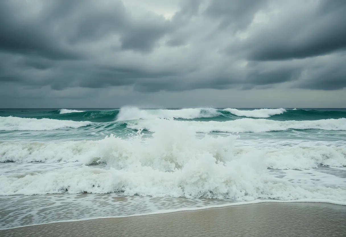 Crashing waves on a beach during Hurricane Erin