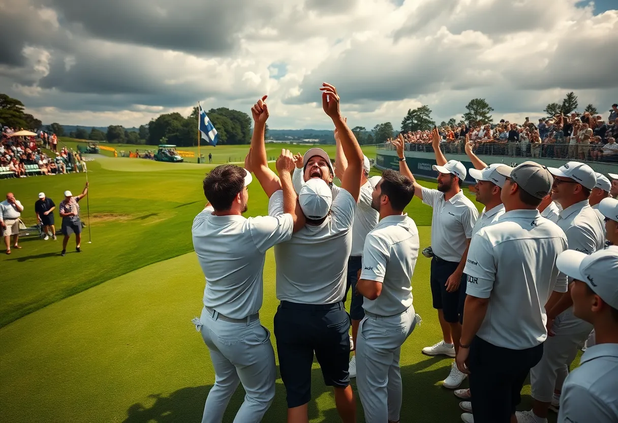 HyFlyers team celebrating their upset victory in a golf championship.