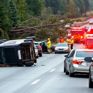 Rollover crash scene on Interstate 89 with overturned vehicles and emergency responders.