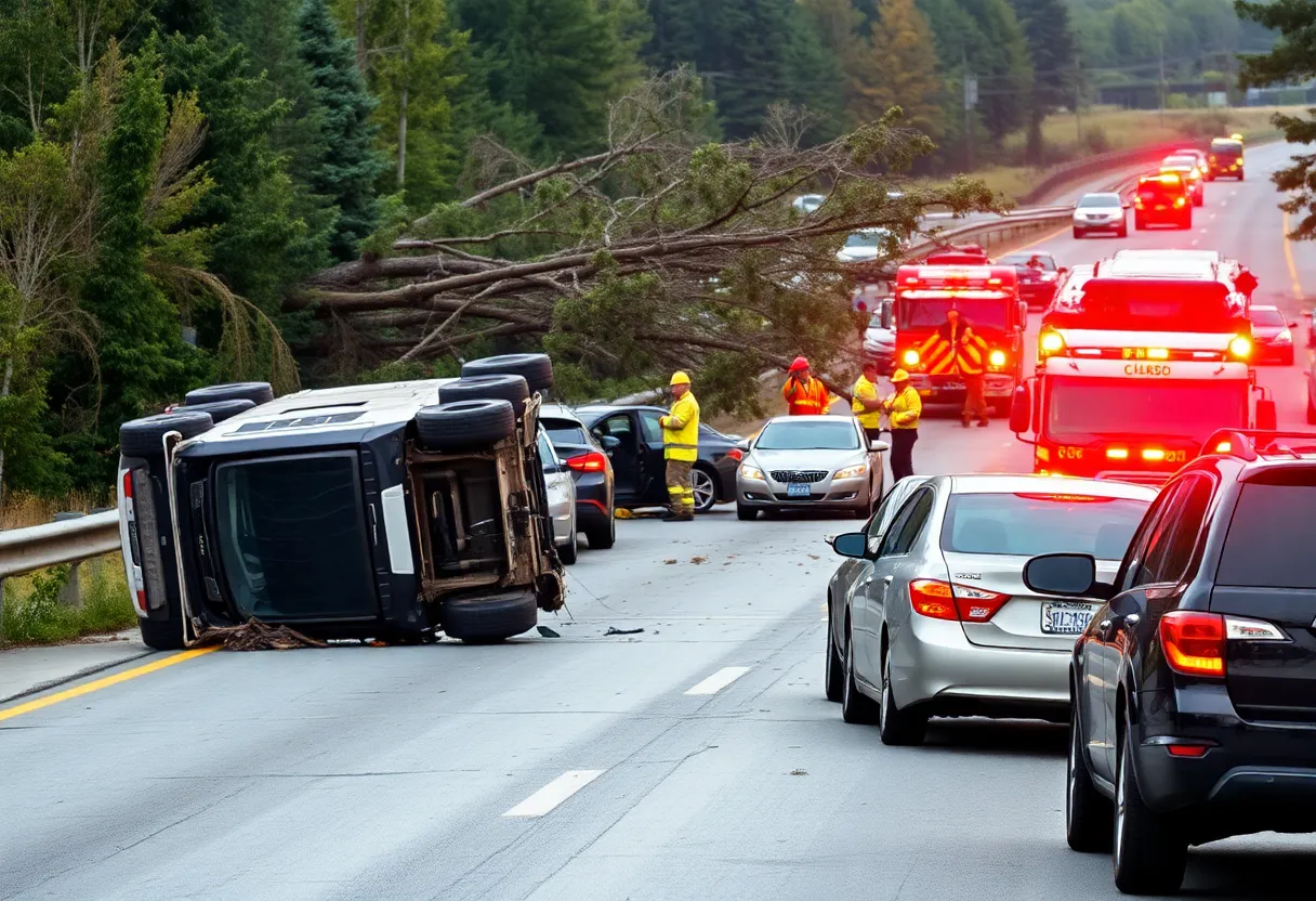 Rollover crash scene on Interstate 89 with overturned vehicles and emergency responders.
