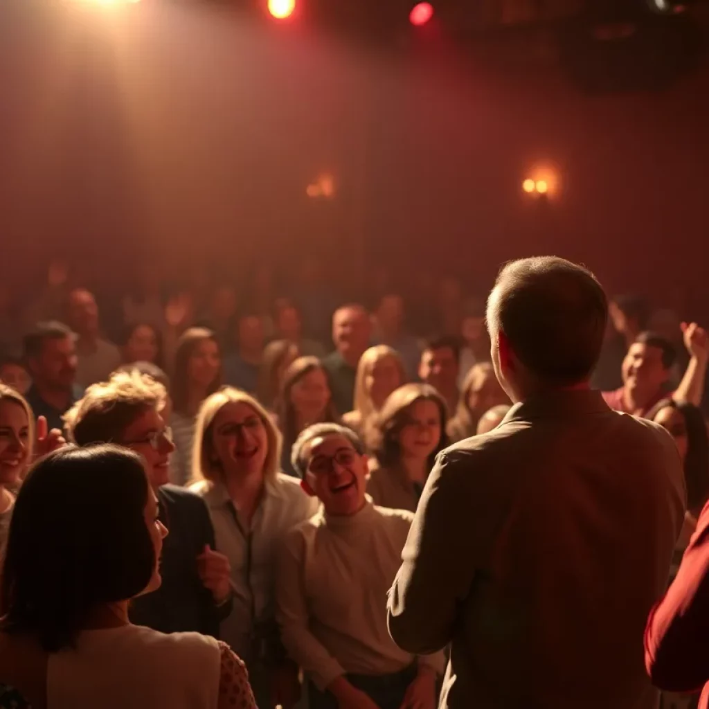Crowd enjoying a comedy show with a spotlight on stage