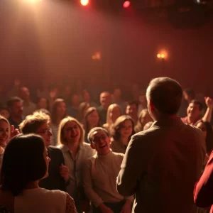Crowd enjoying a comedy show with a spotlight on stage