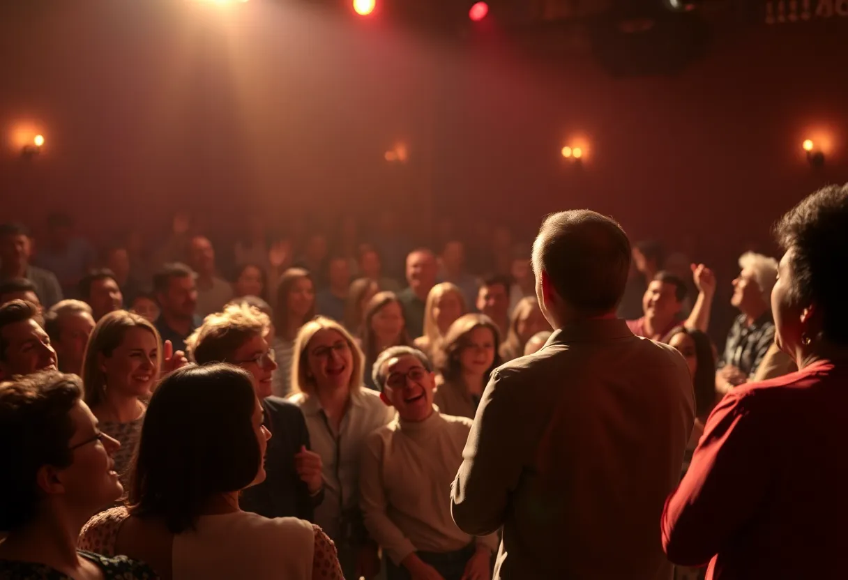 Crowd enjoying a comedy show with a spotlight on stage