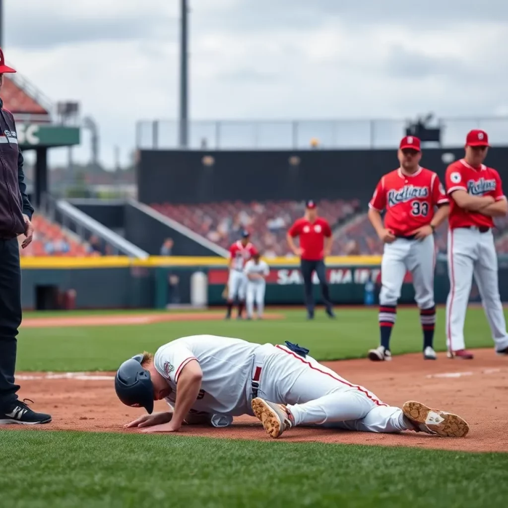 An injured baseball player being assessed by coaches on the field.