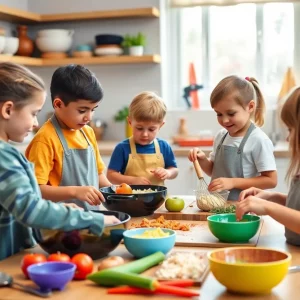 Children participating in a cooking class, learning skills in a kitchen environment.