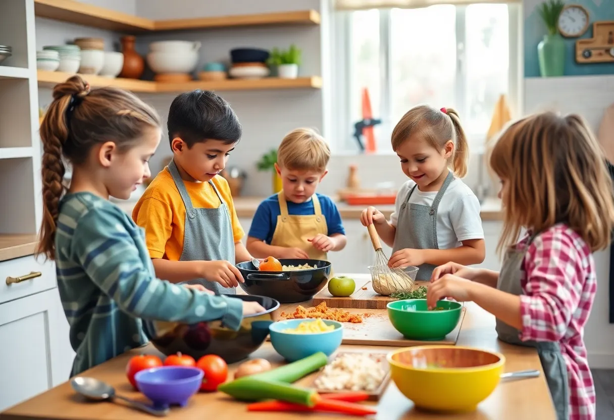 Children participating in a cooking class, learning skills in a kitchen environment.