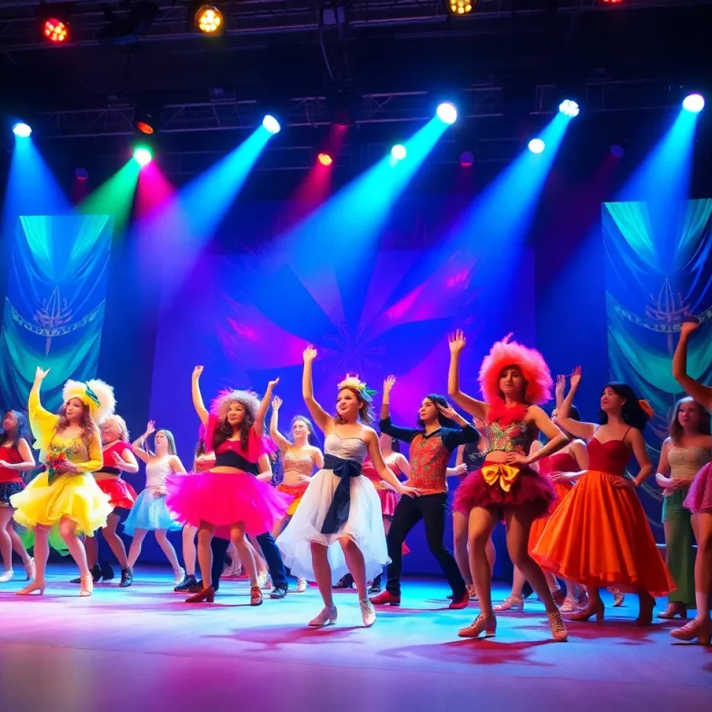 A lively performance scene from Kinky Boots musical with bright costumes.