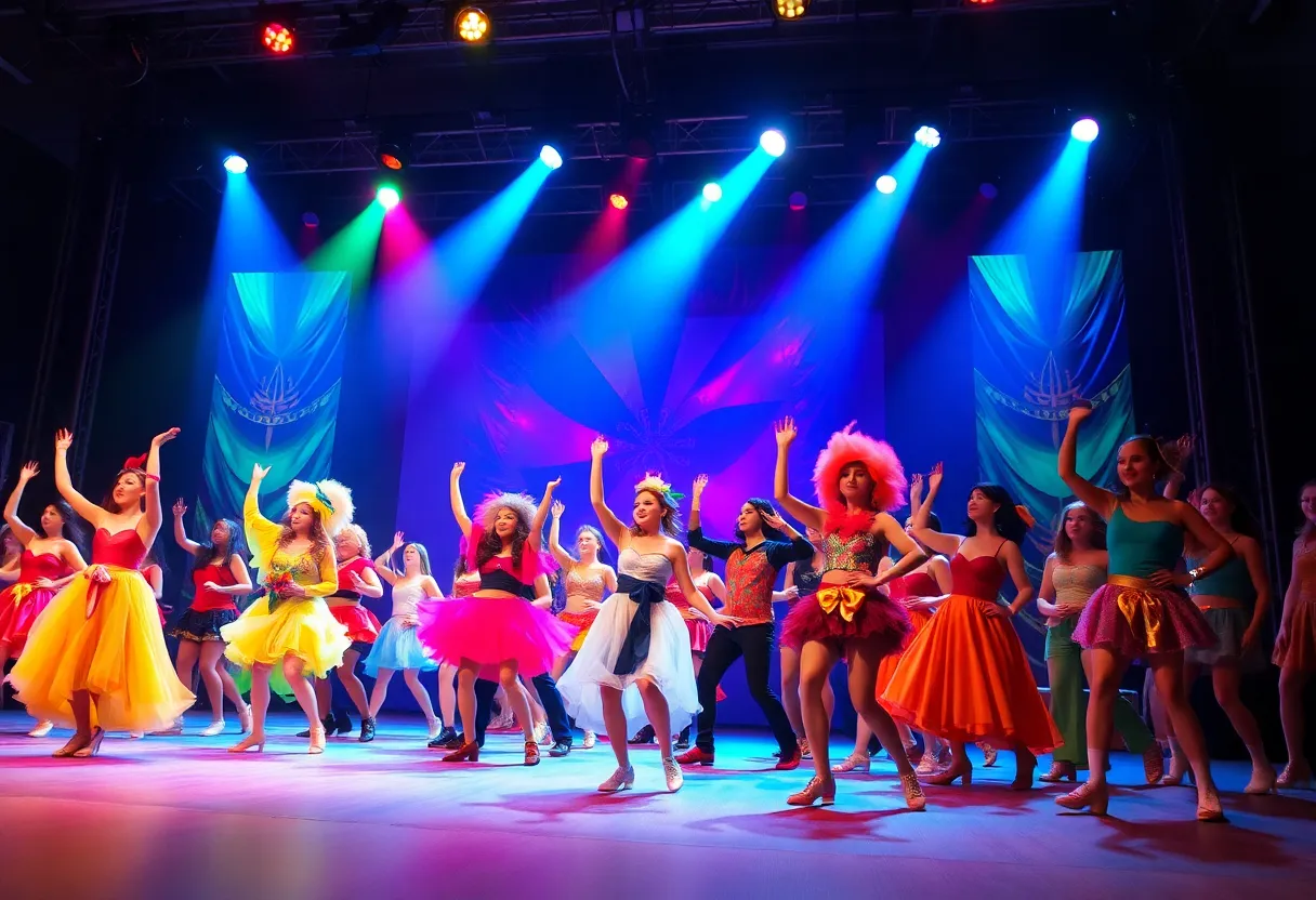 A lively performance scene from Kinky Boots musical with bright costumes.