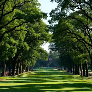 Golf course view showing a tree-lined fairway during a golf tournament.