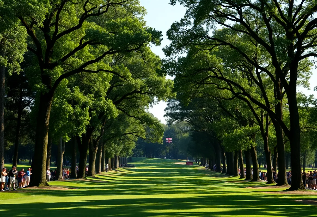 Golf course view showing a tree-lined fairway during a golf tournament.