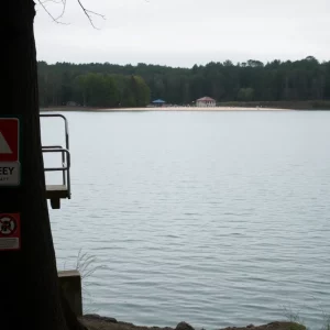 A peaceful lake scene with safety signage visible, representing the importance of water safety.