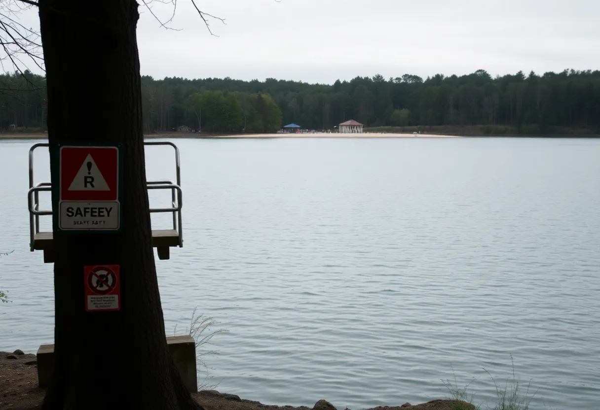A peaceful lake scene with safety signage visible, representing the importance of water safety.