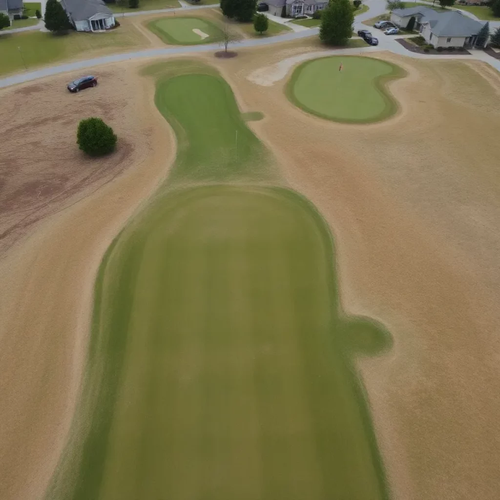 Aerial view of a golf course showing signs of poor maintenance.
