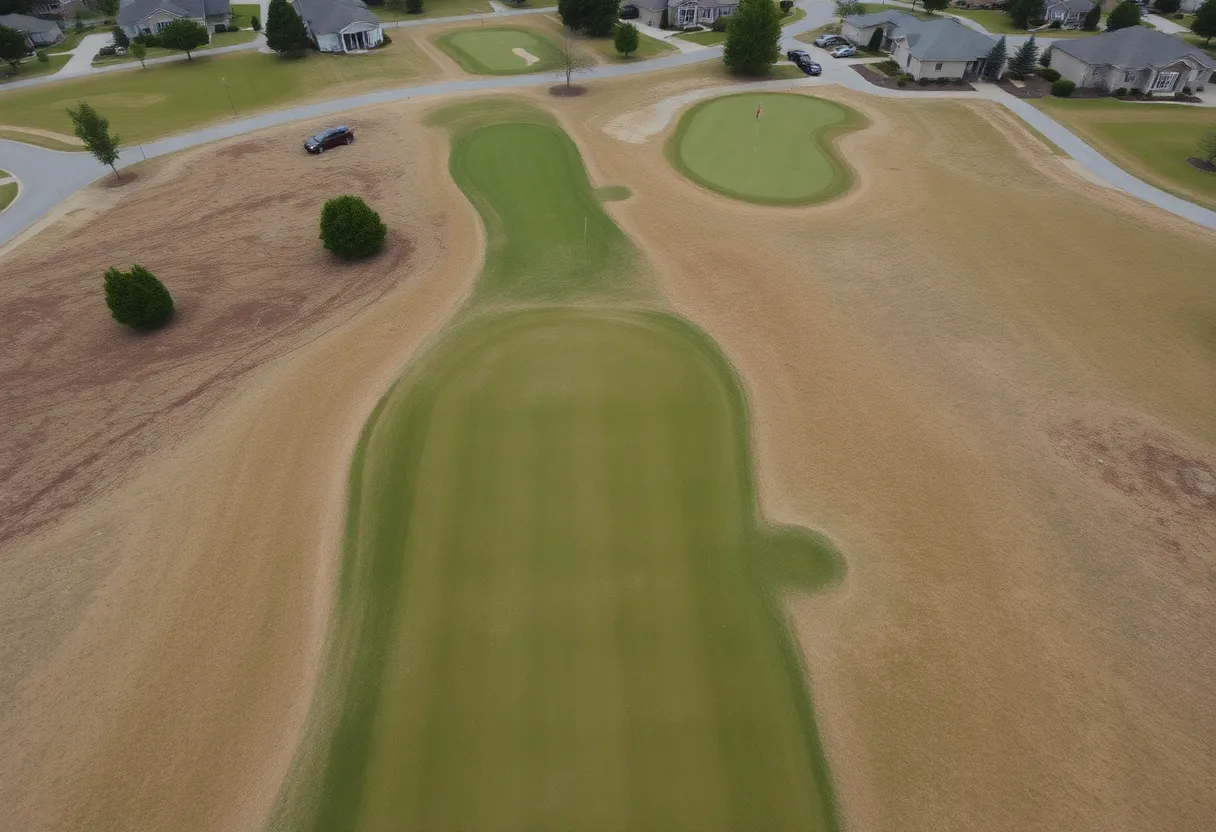 Aerial view of a golf course showing signs of poor maintenance.