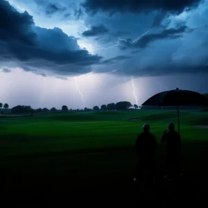 Golfers on a stormy course with lightning in the background