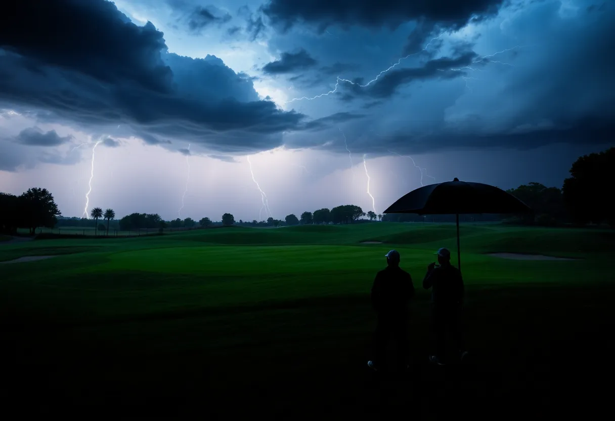 Golfers on a stormy course with lightning in the background