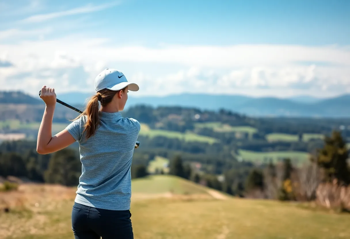 Young female golfer about to tee off on a golf course