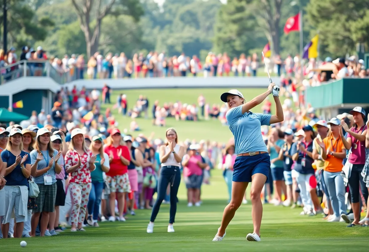 Female golfers competing in an LPGA tournament with an enthusiastic crowd
