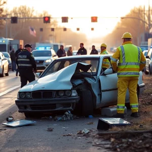 Scene of a car crash in Marblehead with emergency vehicles and debris