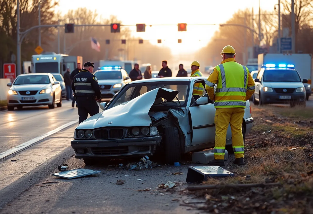 Damaged vehicle on the road with police lights during a serious crash