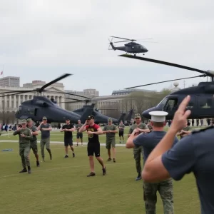 Marines participating in community fitness classes at Boston Common during Marine Week
