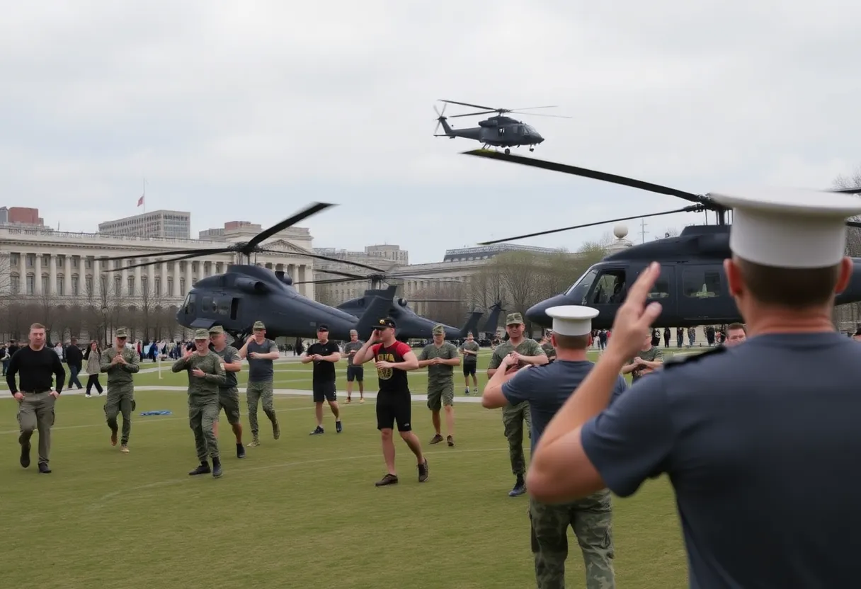 Marines participating in community fitness classes at Boston Common during Marine Week