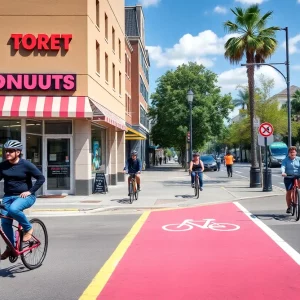 Street view of Mass Hole Donuts with bike lanes and pedestrians