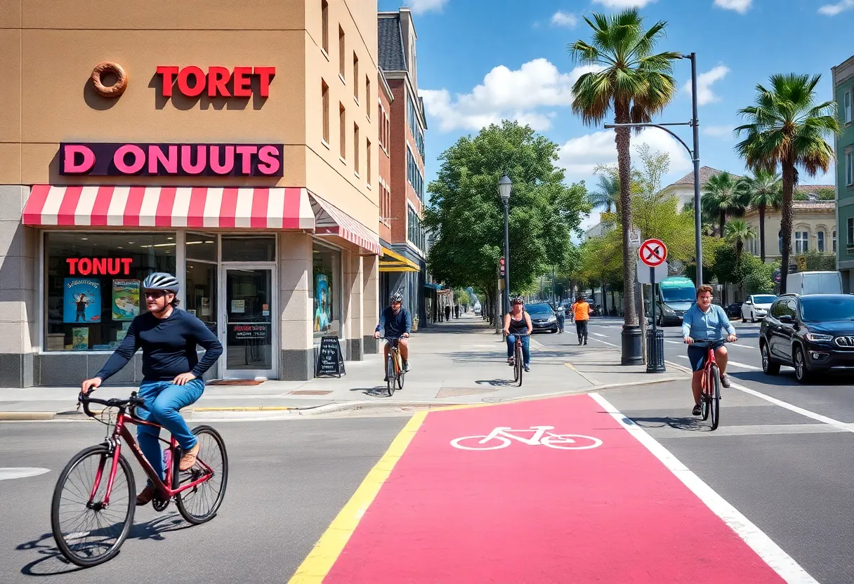 Street view of Mass Hole Donuts with bike lanes and pedestrians
