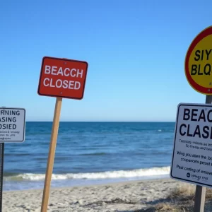 Warning signs at a closed Massachusetts beach due to high bacteria levels.