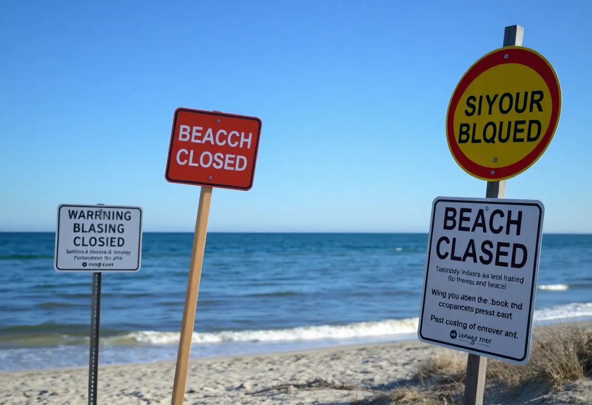 Warning signs at a closed Massachusetts beach due to high bacteria levels.