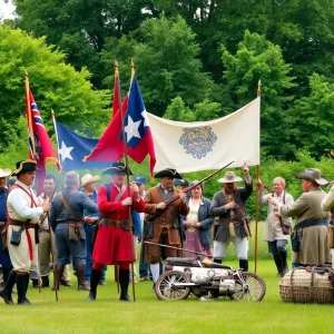 Reenactors portraying soldiers from the Massachusetts Revolutionary War in a historical event
