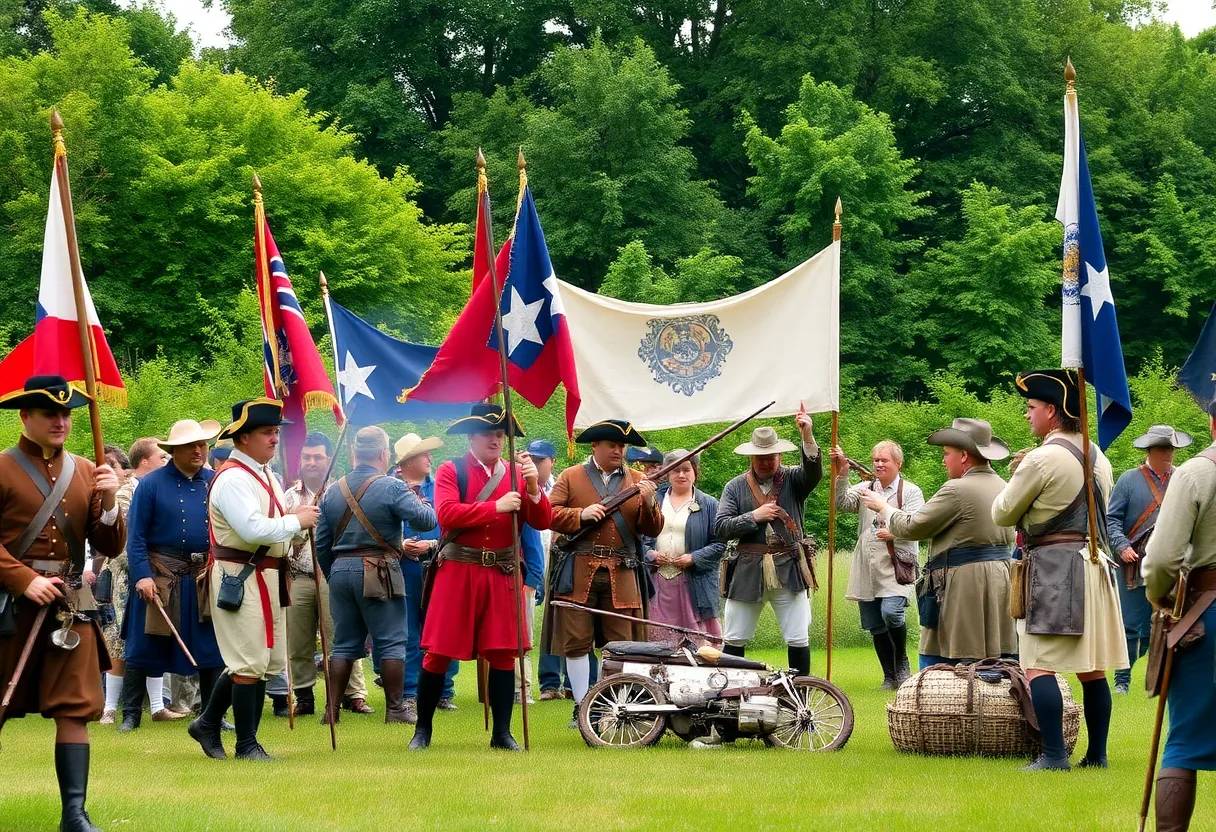 Reenactors portraying soldiers from the Massachusetts Revolutionary War in a historical event