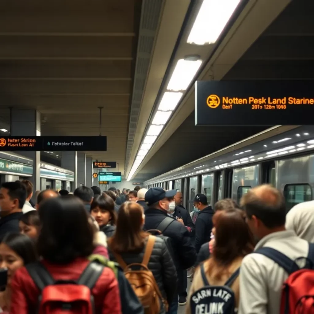 Commuters at a busy MBTA Blue Line subway station during peak hours