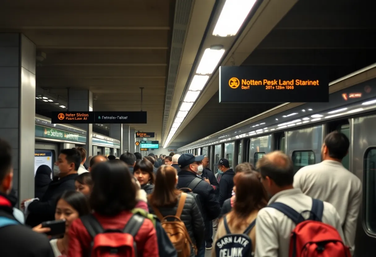 Commuters at a busy MBTA Blue Line subway station during peak hours