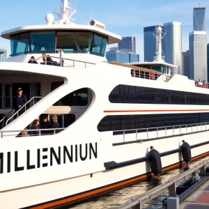MBTA ferry Millennium at dock with passengers