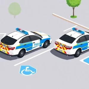 Police cars parked in front of the Medford Police Department showcasing accessible parking spaces.