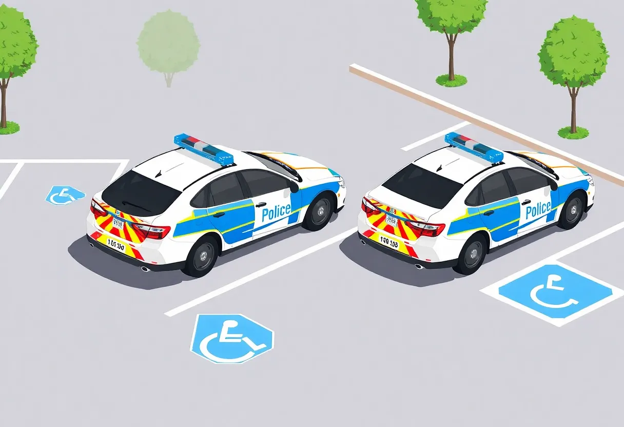 Police cars parked in front of the Medford Police Department showcasing accessible parking spaces.