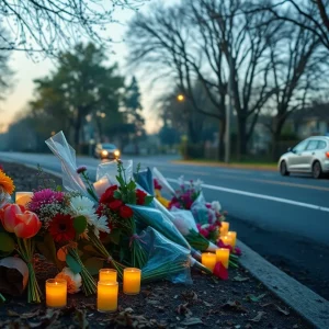 Roadside memorial with flowers, candles, and personal items for a young girl near a crash site.