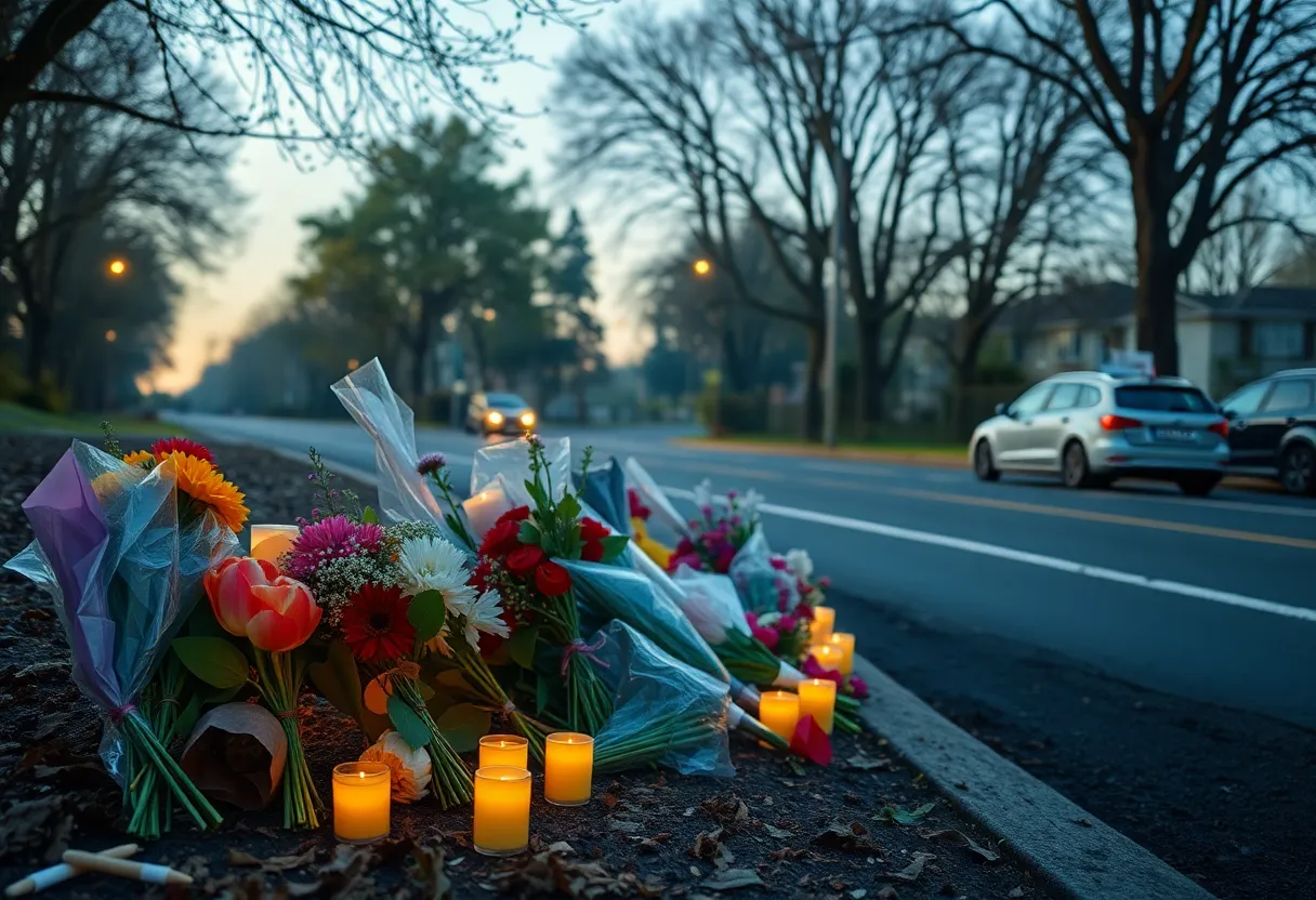 Roadside memorial with flowers, candles, and personal items for a young girl near a crash site.
