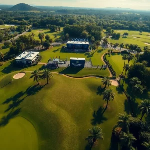 A panoramic view of Trump National Doral golf course during a tournament.