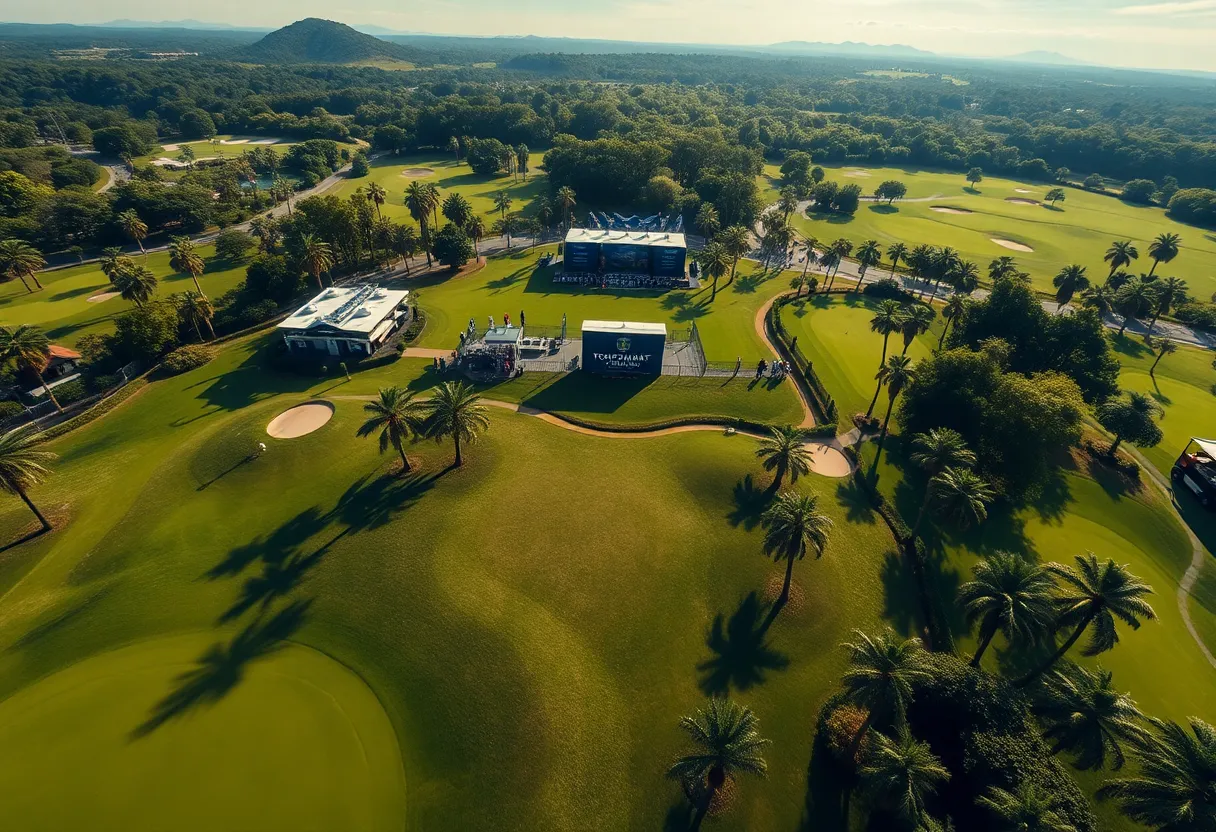 A panoramic view of Trump National Doral golf course during a tournament.