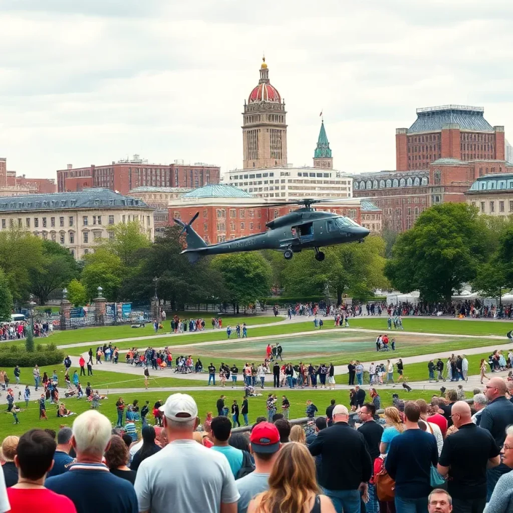 Military helicopters landing on Boston Common during the Marine Corps celebration.