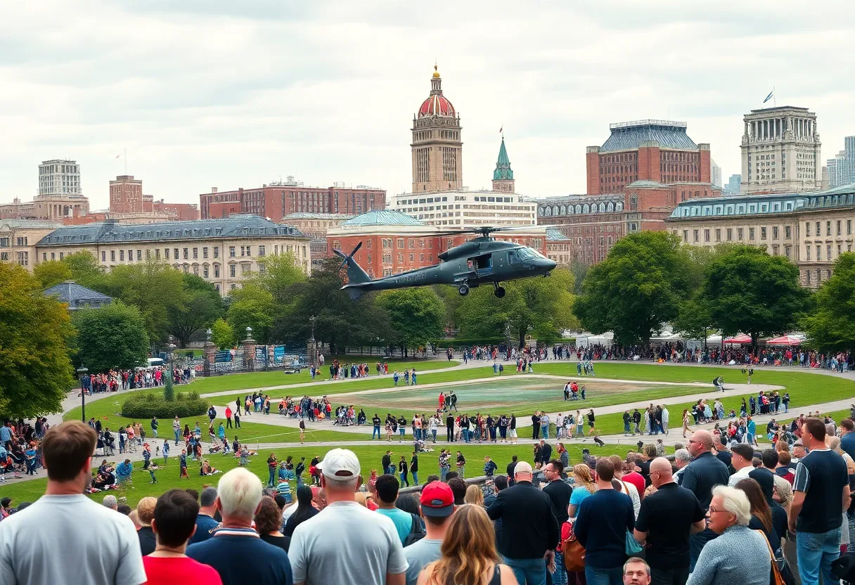 Military helicopters landing on Boston Common during the Marine Corps celebration.