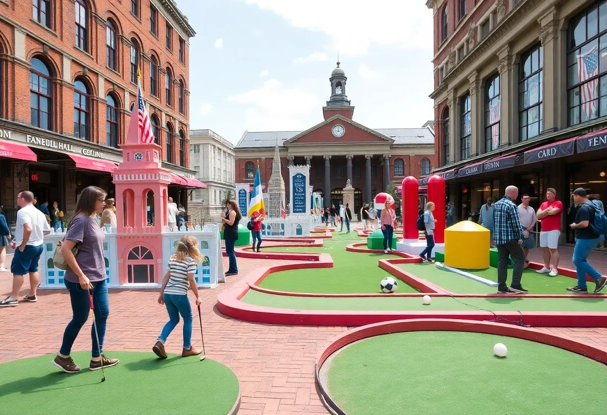 Vibrant mini golf course with oversized landmarks at Faneuil Hall Marketplace