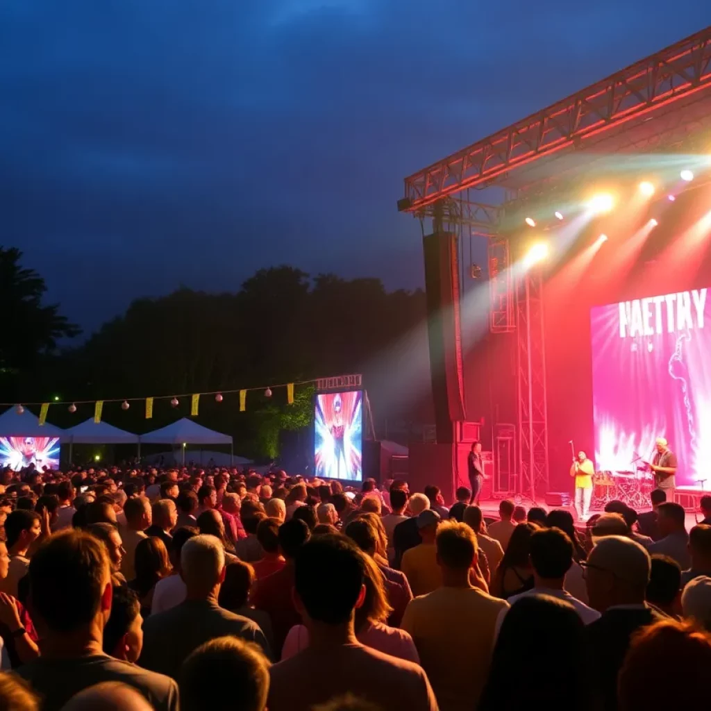 Crowd enjoying a concert under bright lights at an outdoor venue.