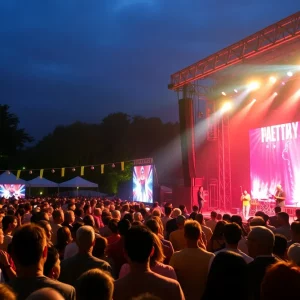 Crowd enjoying a concert under bright lights at an outdoor venue.