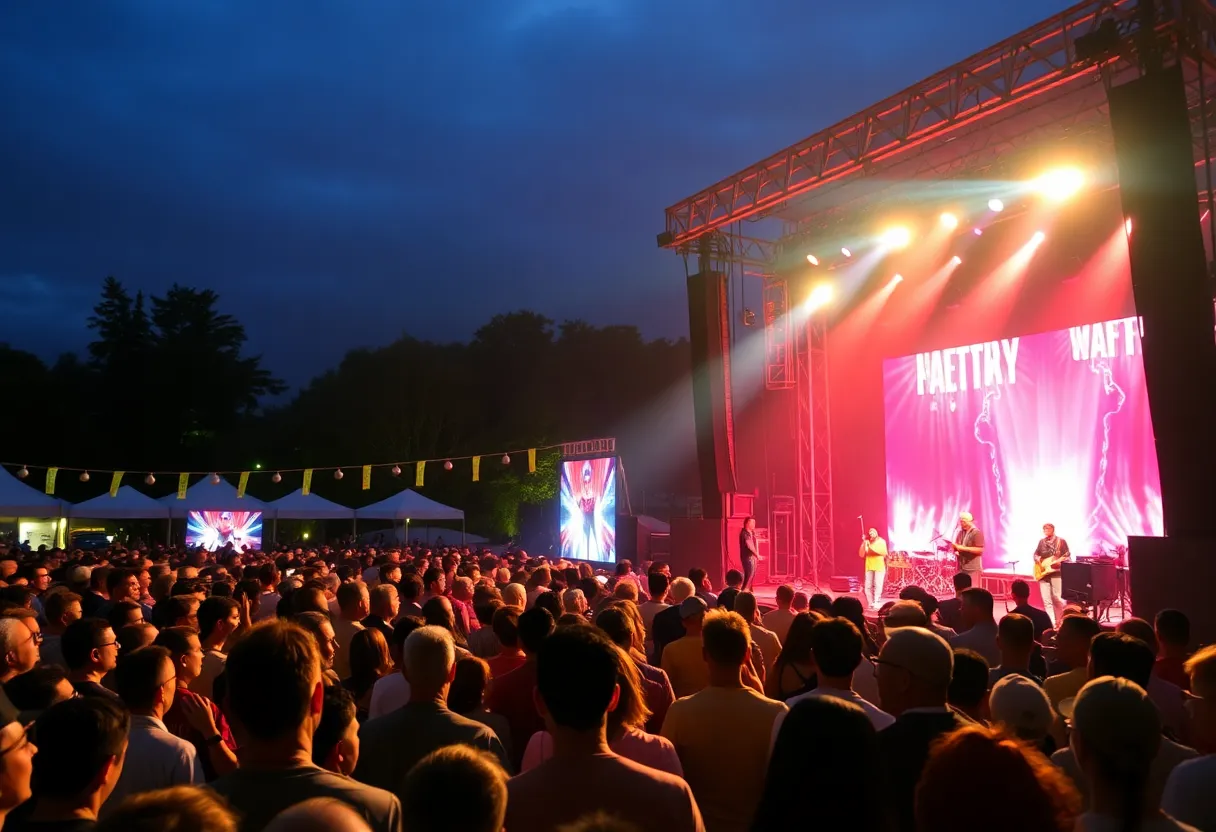 Crowd enjoying a concert under bright lights at an outdoor venue.