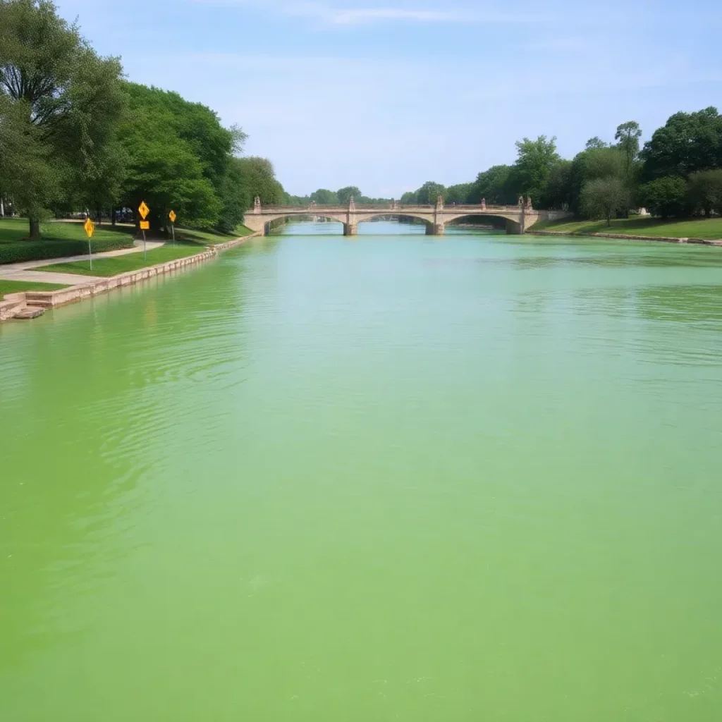 Cyanobacteria bloom in Muddy River with warning signs